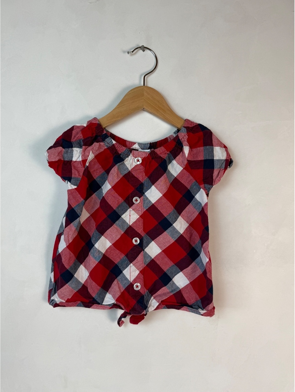 4T Toddler Girls' Red, Navy, and White Plaid Button-Up Top with Tie Front